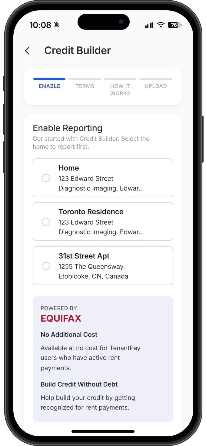 TenantPay Credit Builder app showing rent reporting to Equifax